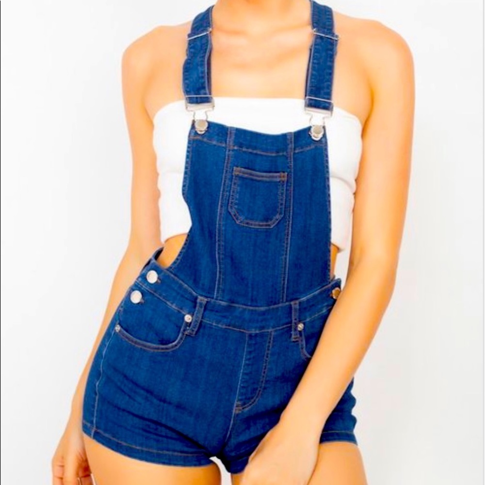 Dark Denim Overall Romper Shorts
